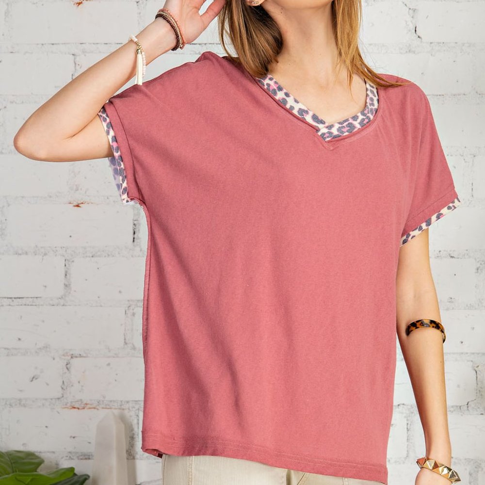 EASEL Cotton V-Neck Top With Animal Print Piping